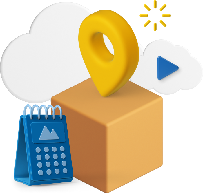 Box with animated location and play logo
