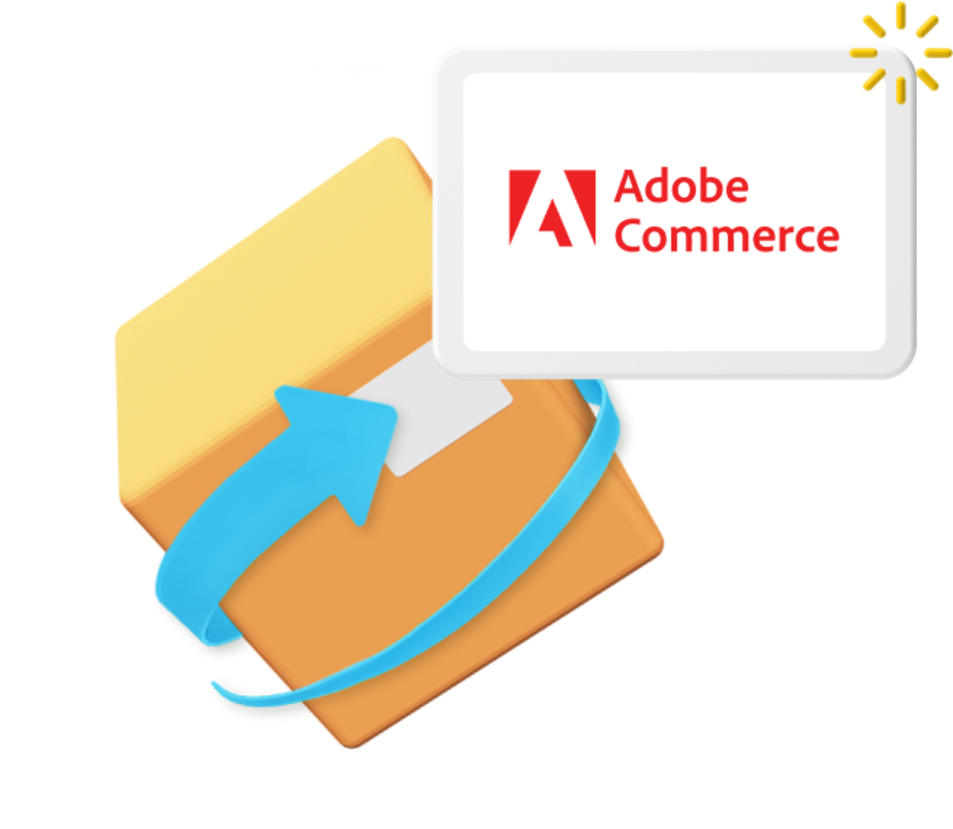 Animated box with Adobe Commerce logo on and blue arrow