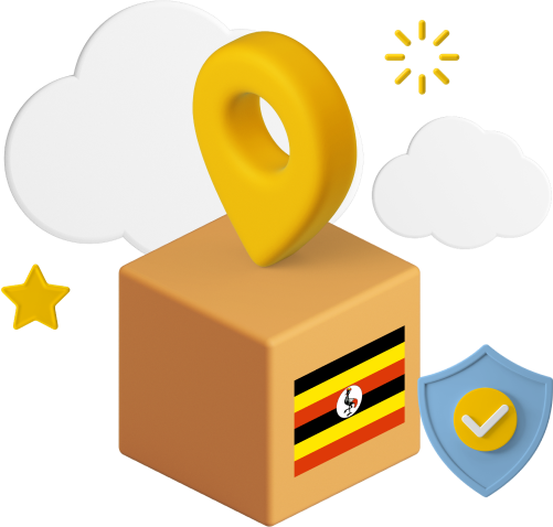 uganda flag on a parcel box with location pin