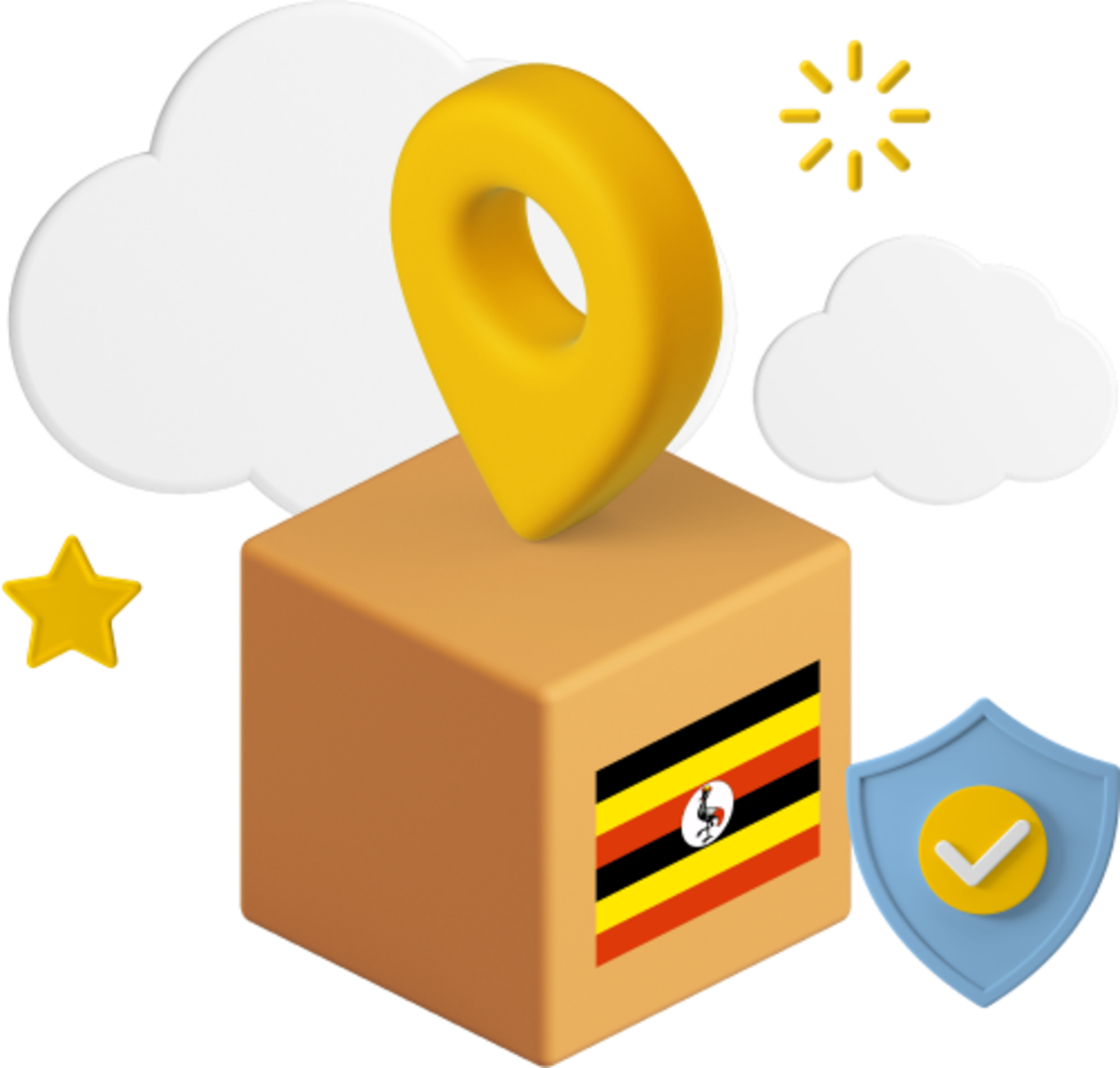 uganda flag on a parcel box with location pin
