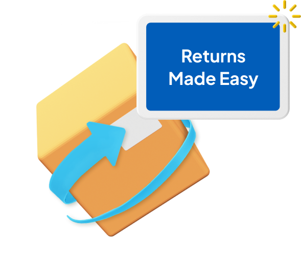 Animated box with blue arrow circling it, and a slogan saying 'Returns Made Easy'