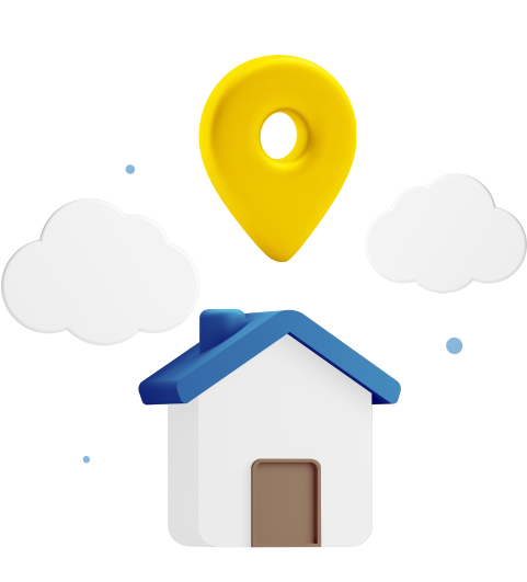 Animated house with location icon and clouds