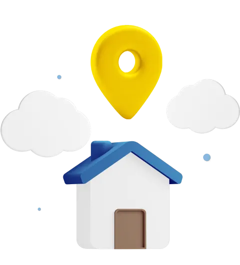Animated house with location icon and clouds