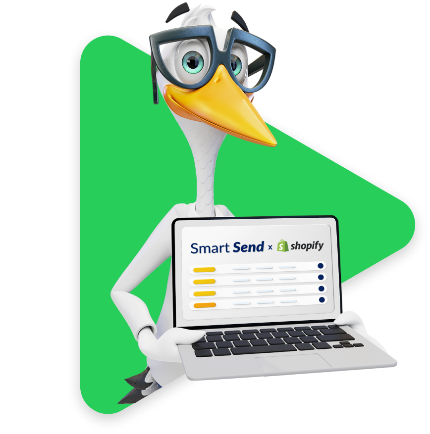 Sven the Stork holding a laptop displaying the Smart Send dashboard and Shopify logo