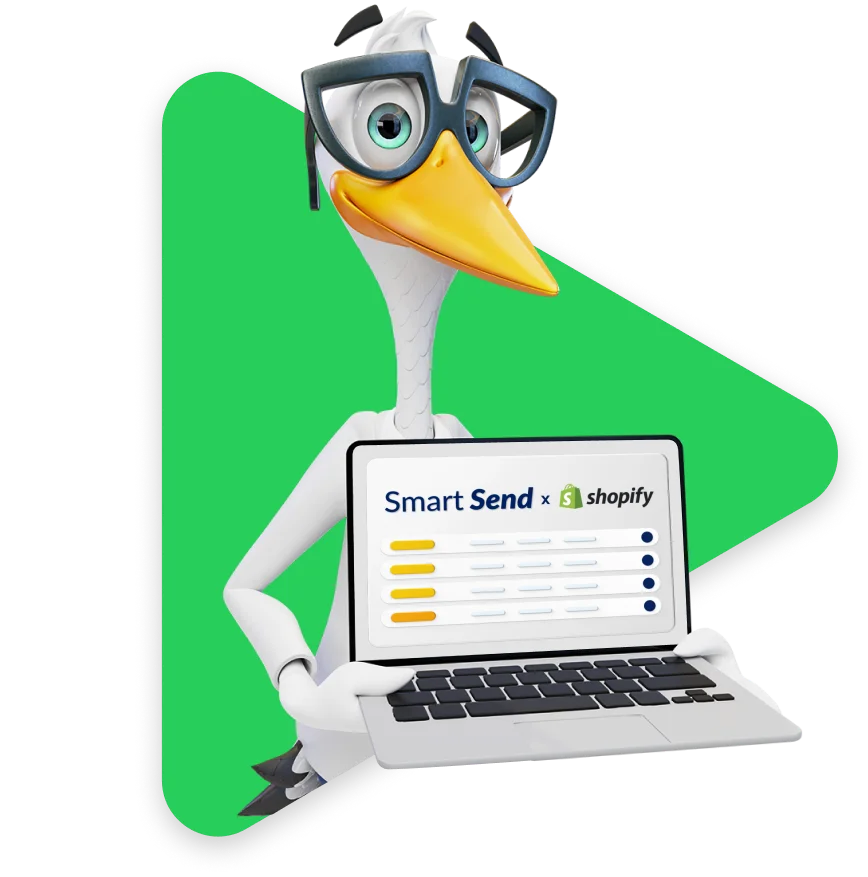 Sven the Stork holding a laptop displaying the Smart Send dashboard and Shopify logo