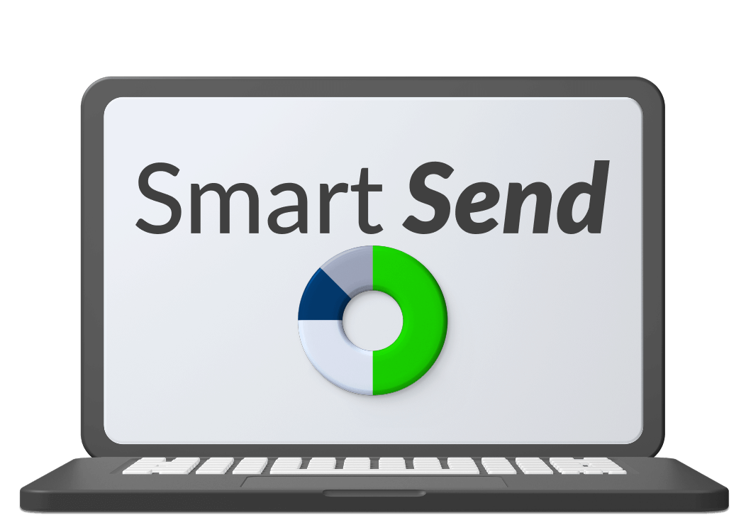 Animated laptop displaying 'Smart Send' and a pie chart
