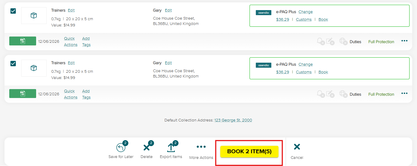 Book your two Items - SendNow by Asendia