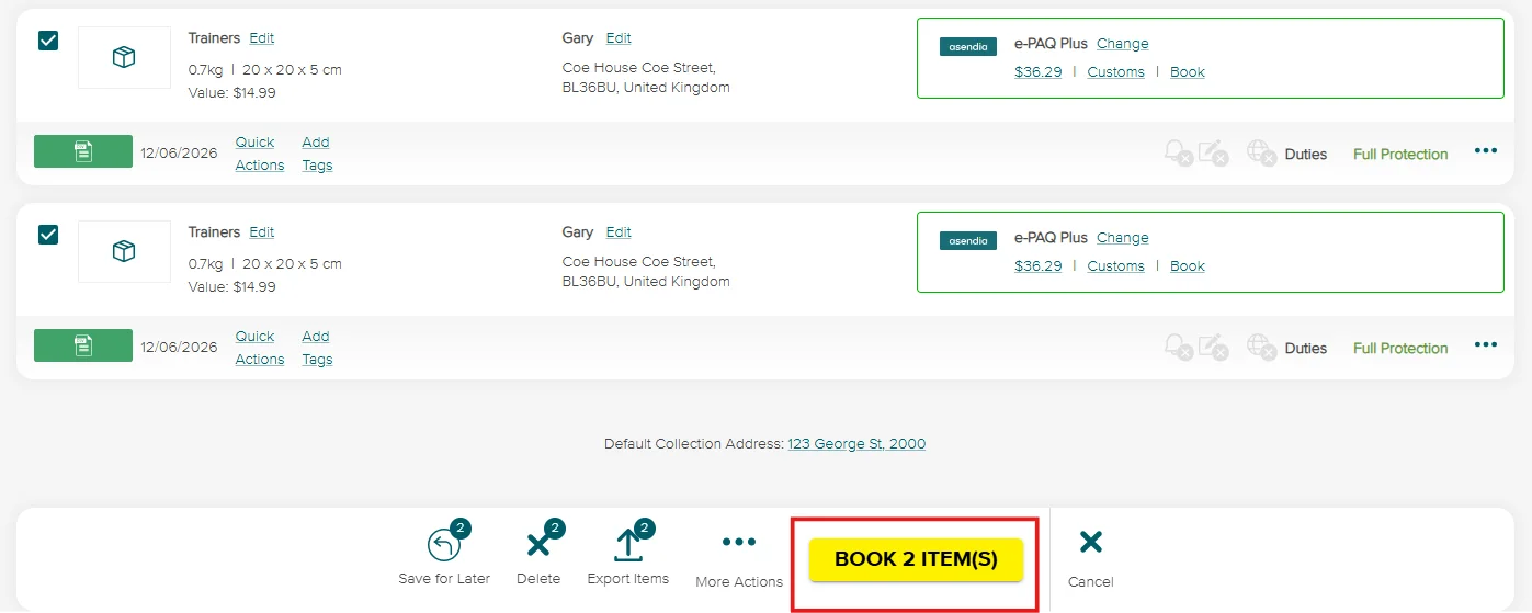 Book your two Items - SendNow by Asendia