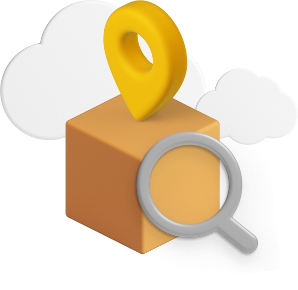 Box with magnifying glass and location icon