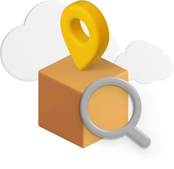 Box with magnifying glass and location icon