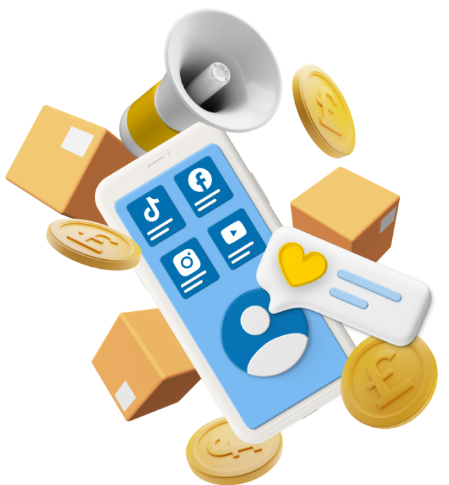 Mobile phone with animated megaphone, boxes, and coins