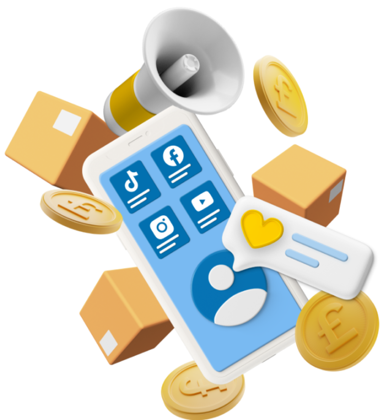 Mobile phone with animated megaphone, boxes, and coins