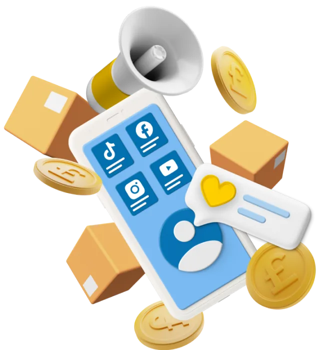 Mobile phone with animated megaphone, boxes, and coins