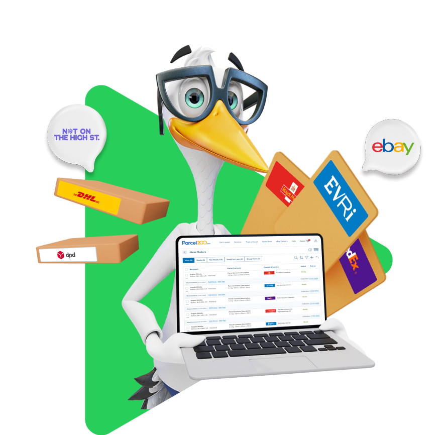 Sven the Stork holding a laptop surrounded by packaged with different courier logos on