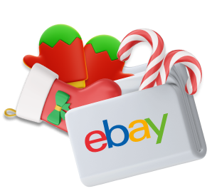 An animated folder with the eBay logo and a Christmas stocking and candy canes 