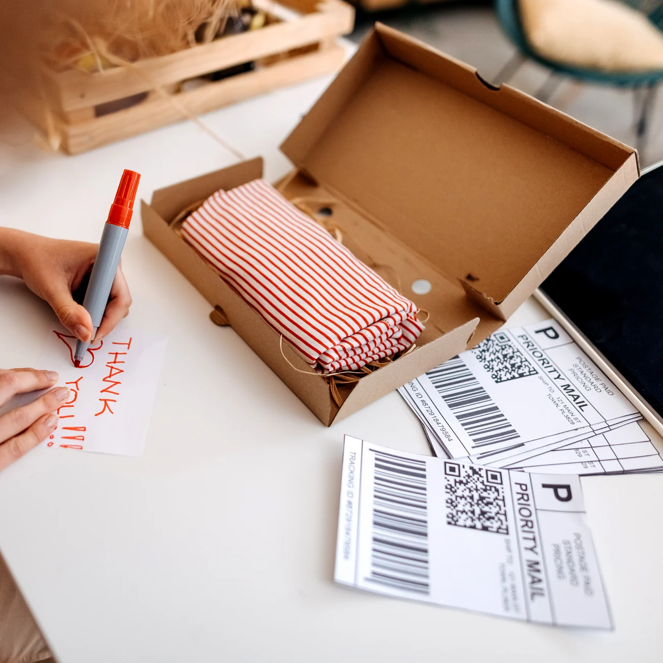 Person preparing parcel with postage label