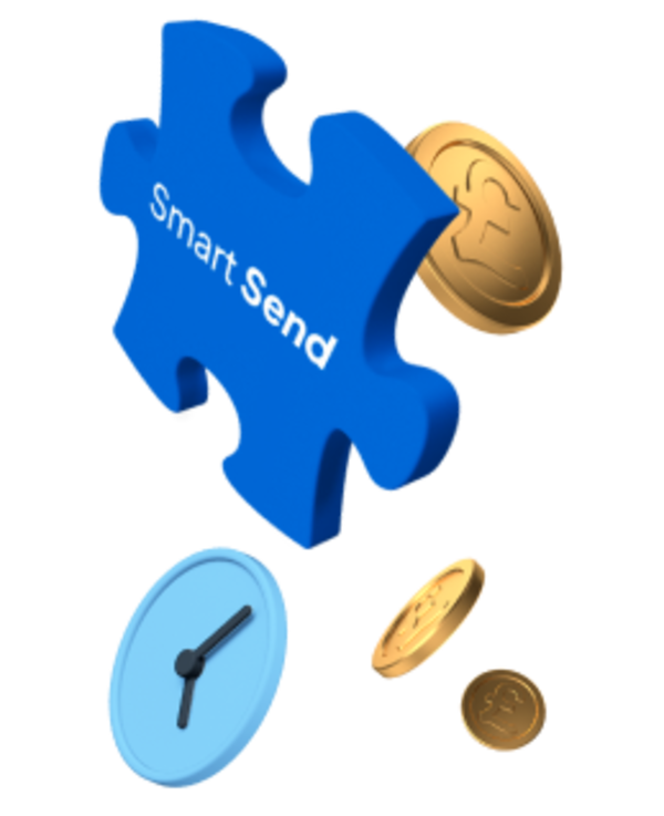 Jigsaw piece, coins and clock