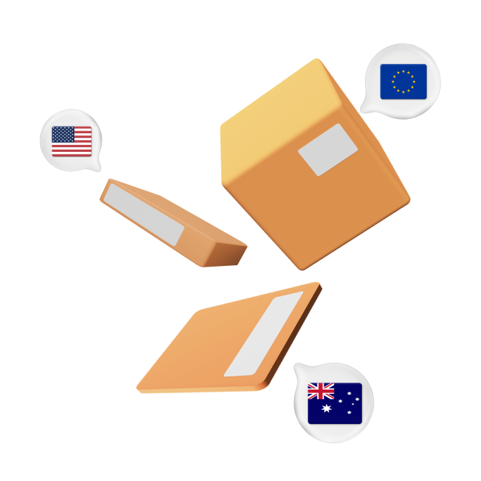 Stack of boxes and letters with country flag graphics
