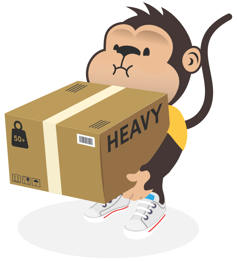 Parcel Monkey mascot holding heavy package