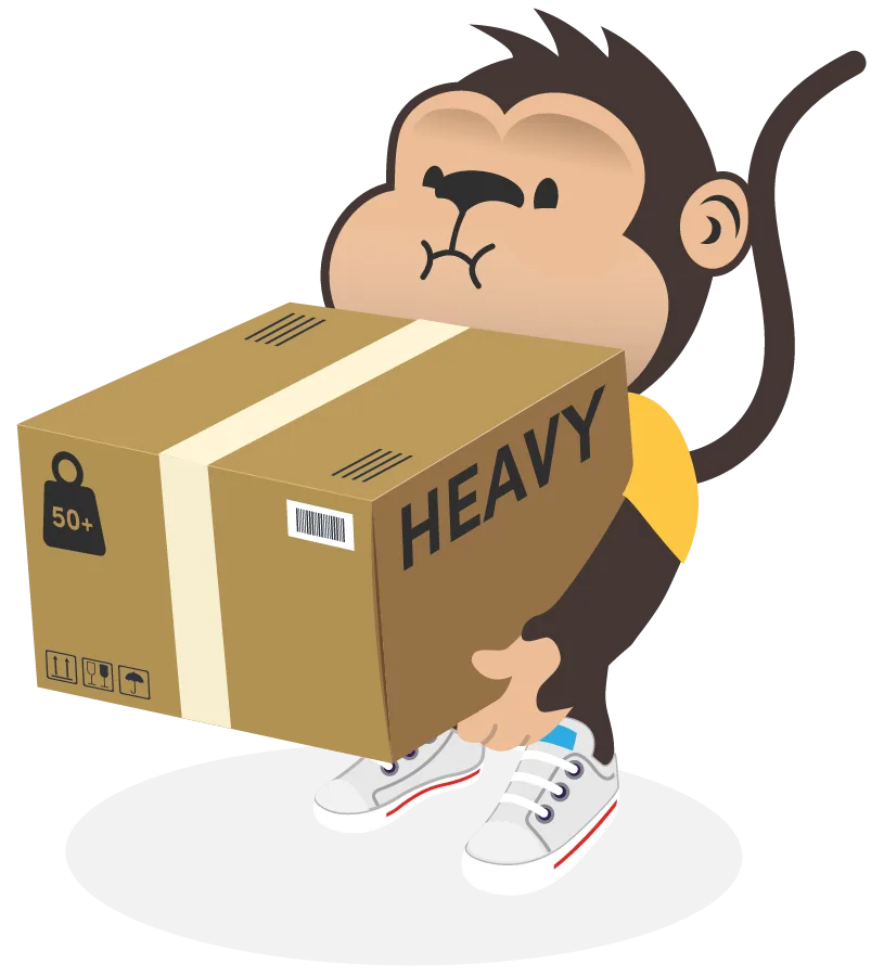 Parcel Monkey mascot holding heavy package
