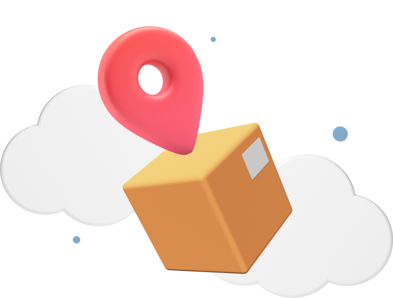 Box with large location icon in front of animated clouds