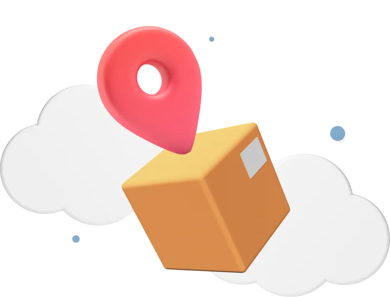 Box with large location icon in front of animated clouds