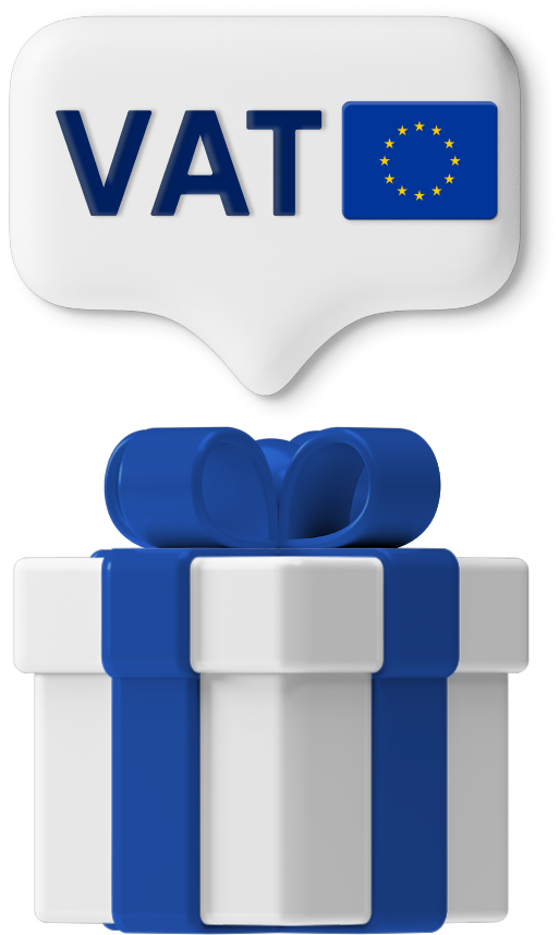 Gift box graphic with VAT EU label above