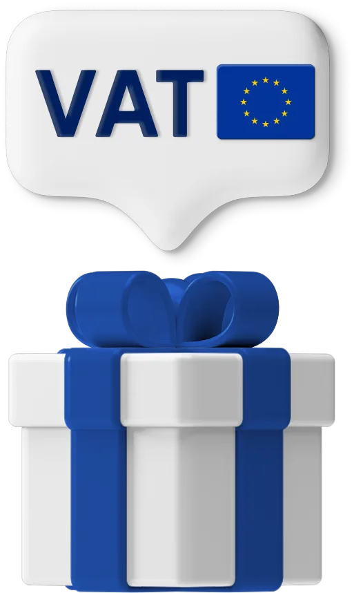 Gift box graphic with VAT EU label above
