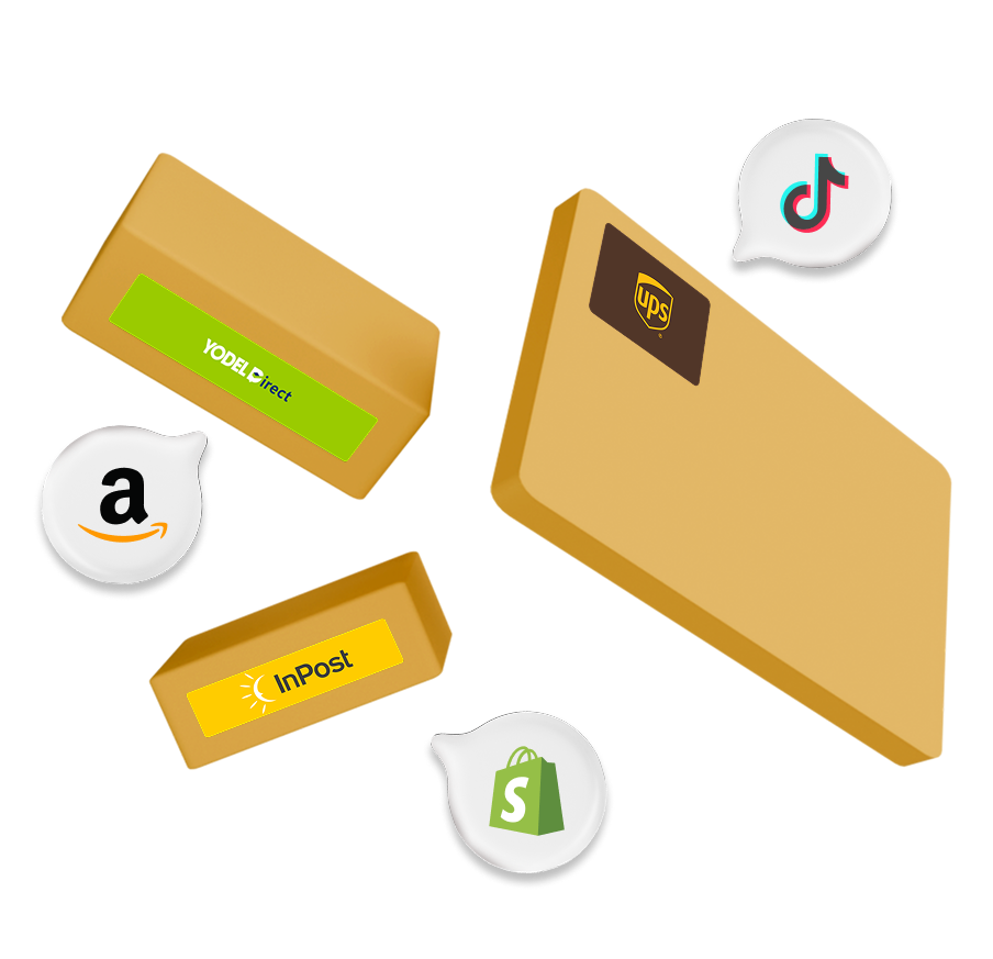 InPost, Yodel, and UPS labels on boxes with TikTok, Amazon, and Shopify logos  speech bubbles