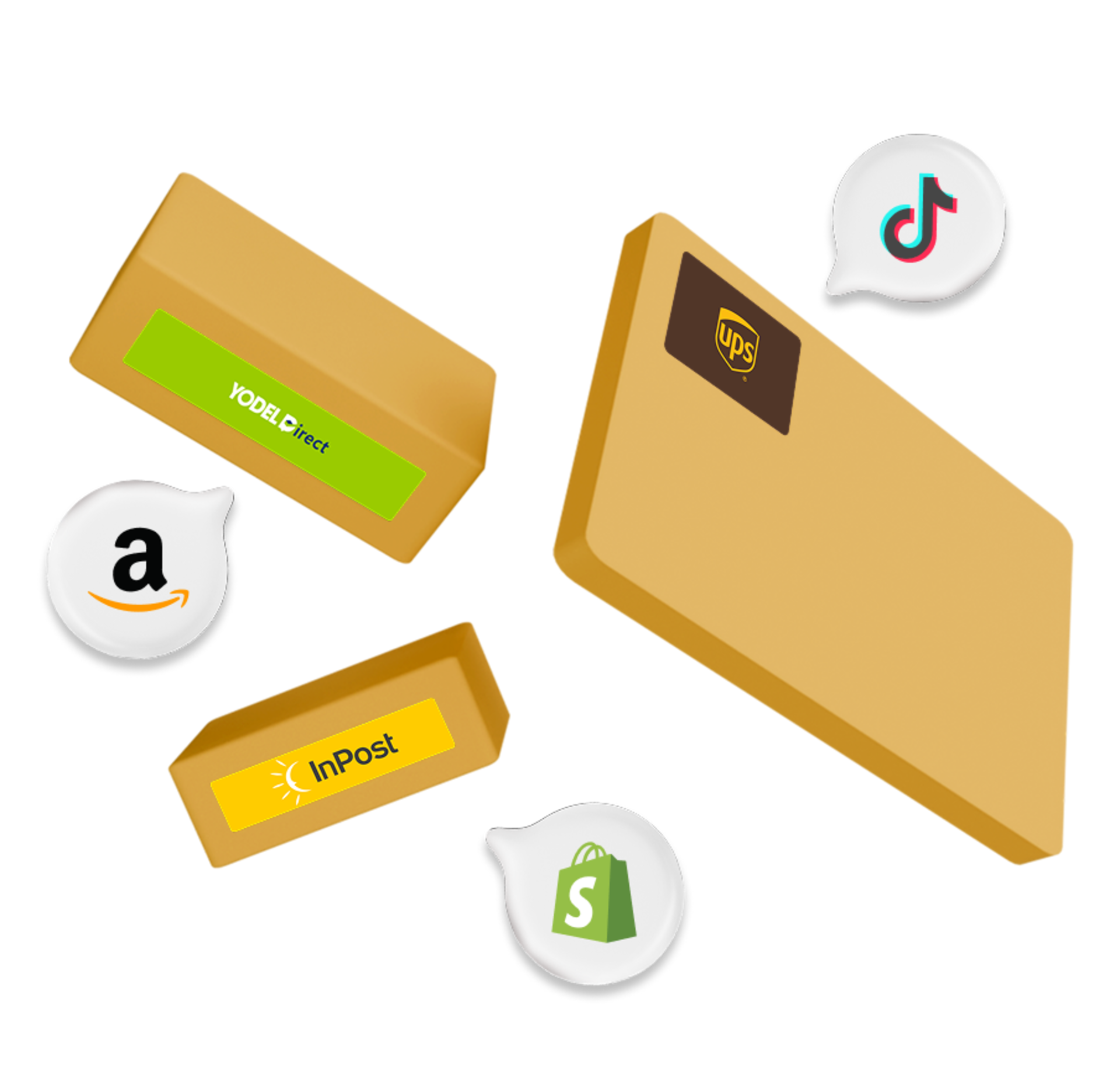 InPost, Yodel, and UPS labels on boxes with TikTok, Amazon, and Shopify logos speech bubbles