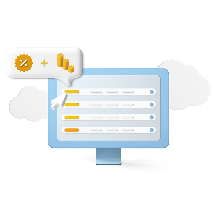 Graphic of computer screen with price and percentage icons