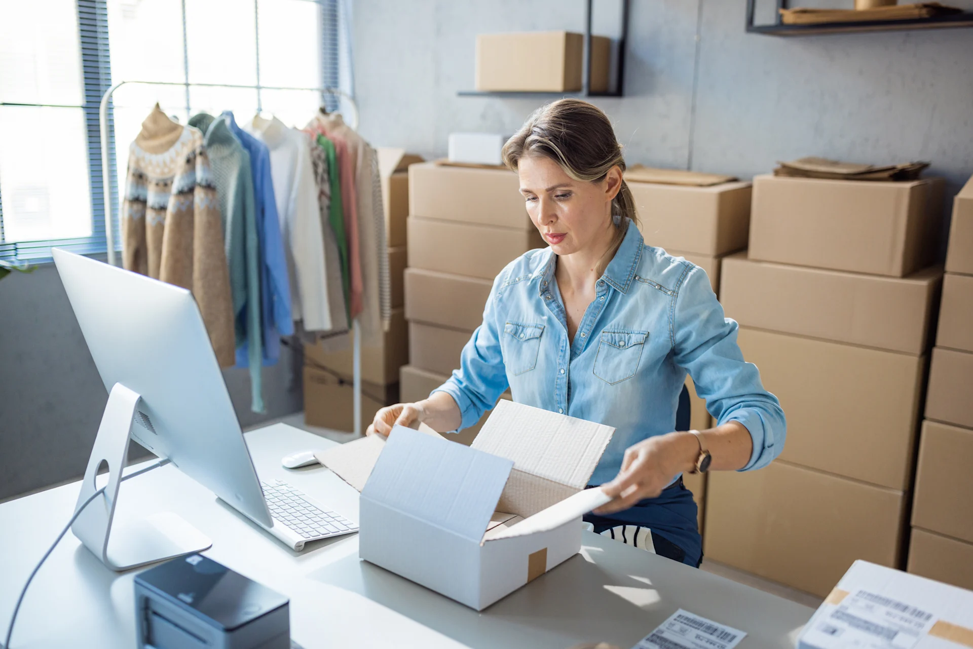 Small business owner packing parcel at home