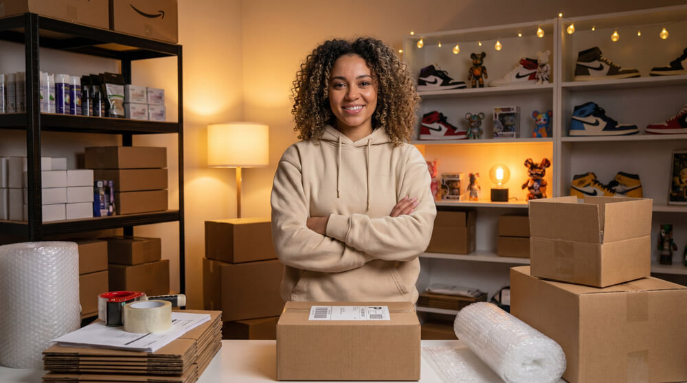 Woman in bedroom with parcel stacks
