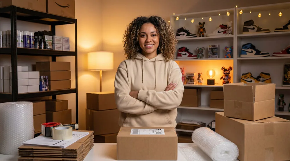 Woman in bedroom with parcel stacks