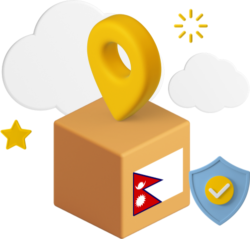 Nepal flag on parcel graphic with cloud and icons