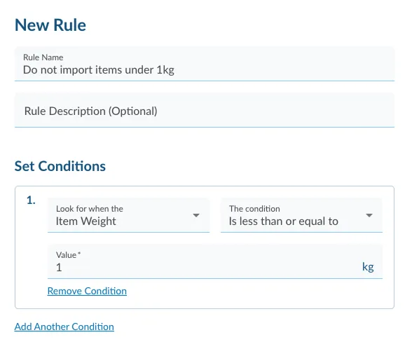 A gif of how to create a rule where you choose not to import certain items