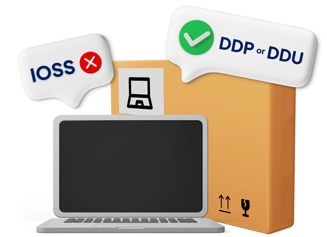 Graphic of Laptop and Parcel with IOSS, DDP and DDU labels attached