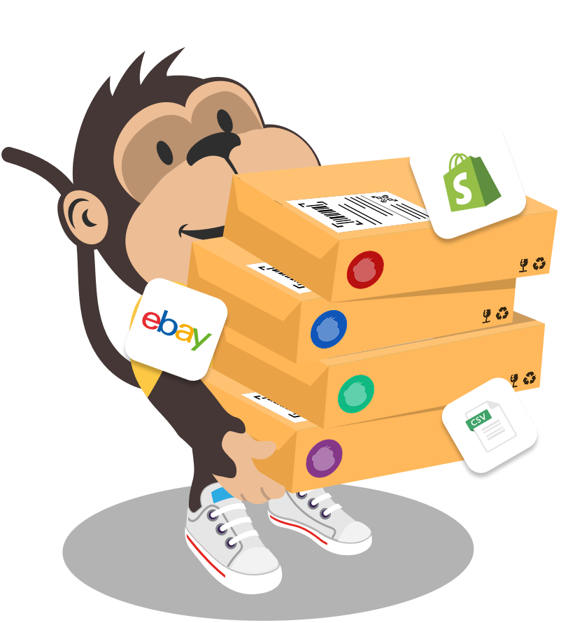 Parcel Monkey mascot carrying stack of marketplace parcels