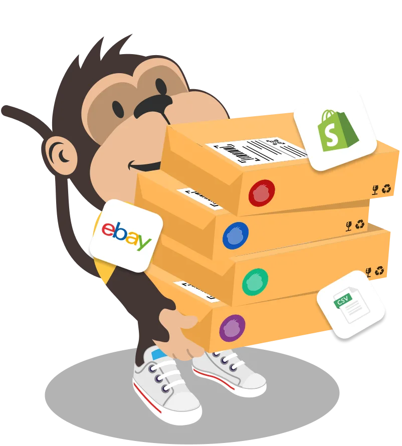 Parcel Monkey mascot carrying stack of marketplace parcels