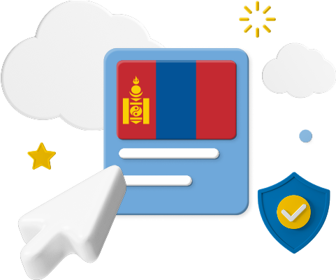 Mongolia flag on web page surrounded by clouds and badge graphic.