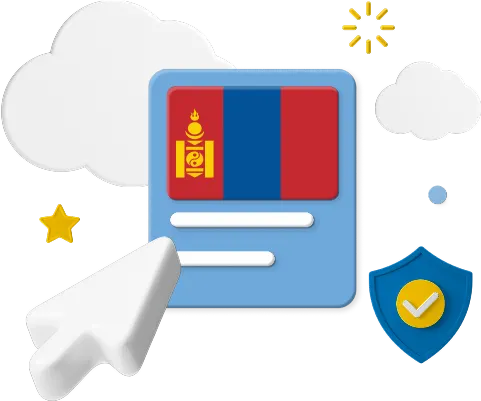 Mongolia flag on web page surrounded by clouds and badge graphic.