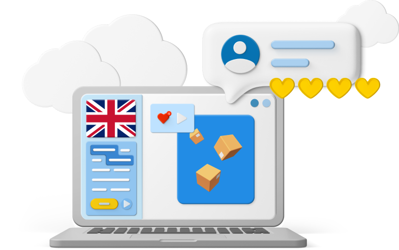 Laptop screen with flags, clouds, and icons