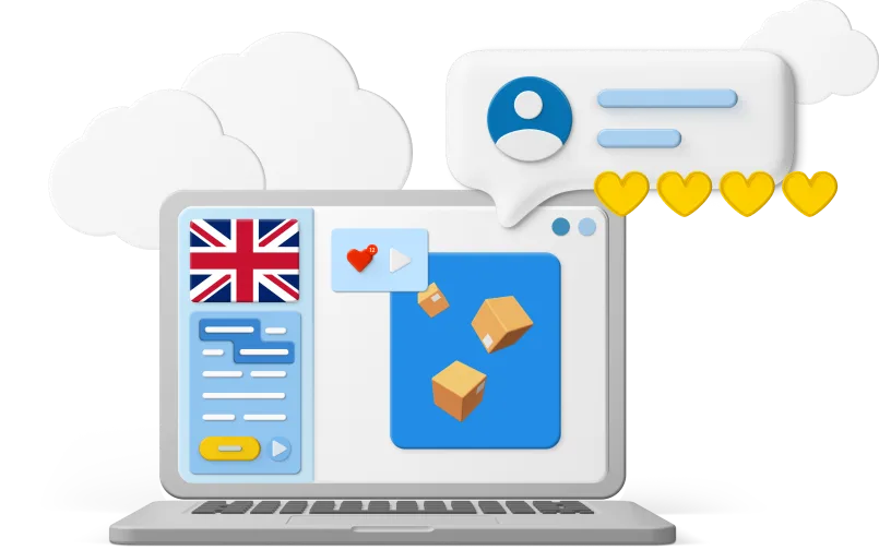 Laptop screen with flags, clouds, and icons