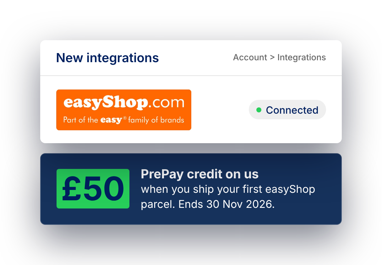 easyShop connected in Smart Send integrations, plus £50 PrePay credit offer