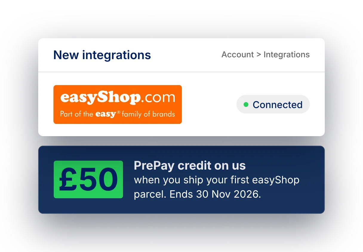 easyShop connected in Smart Send integrations, plus £50 PrePay credit offer