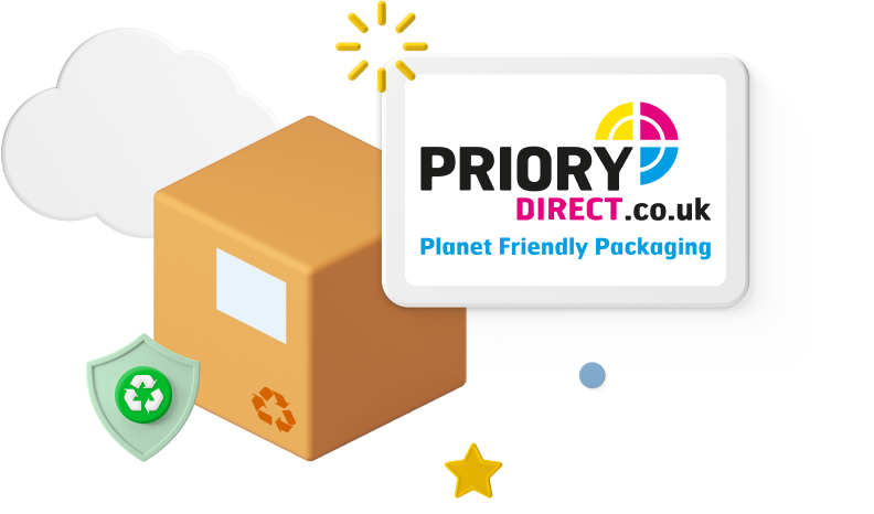 Priory direct hero beside image of a box and a recycle logo
