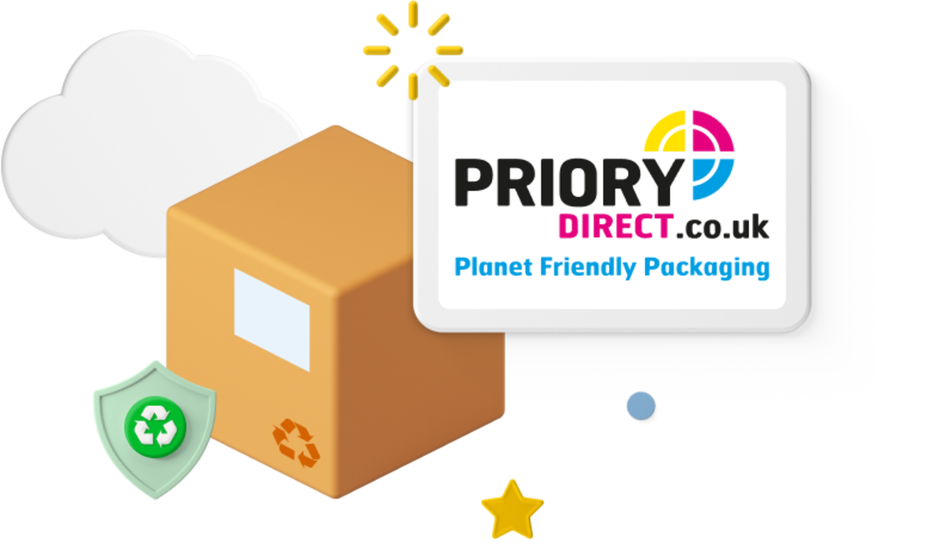 Priory direct hero beside image of a box and a recycle logo