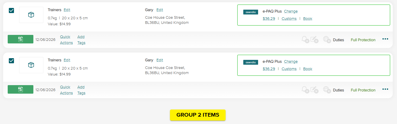 Grouped Items - SendNow by Asendia