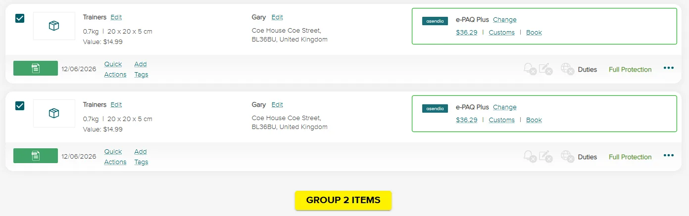 Grouped Items - SendNow by Asendia
