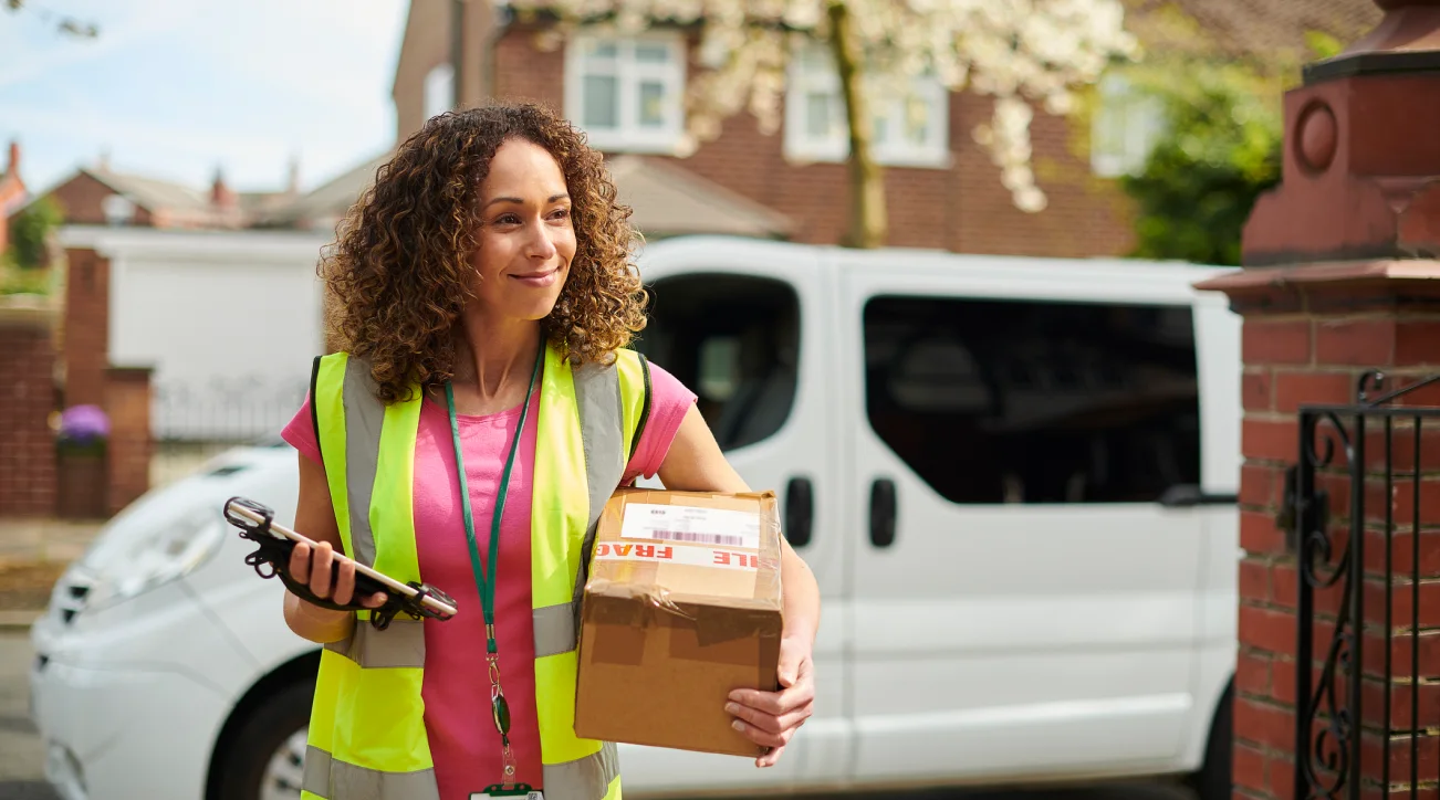 Smiling lady in high vis vest delivering box to house